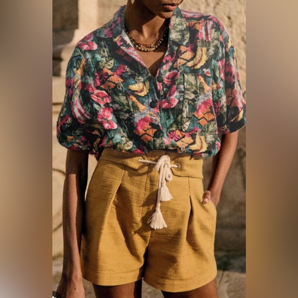 Sezane Mustard High-Waist Drawstring Shorts